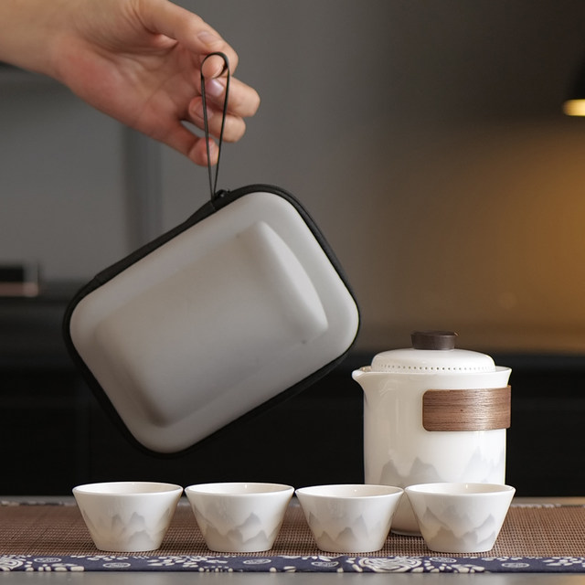 Outdoor camping white porcelain ink quick cup light luxury portable one pot four cup teapot travel tea set storage bag