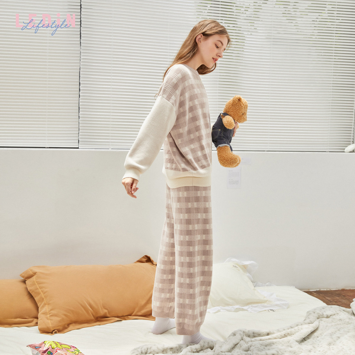 乐町春秋款毛织撞色家居服套装睡衣 乐町内衣睡衣/家居服套装