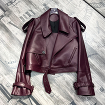 Eurogoods Dermis Fur Coats Women Coats Wine Red Purple 2023 New Burst Sheep Leather Jacket Loose Broadsheet Short Locomotive