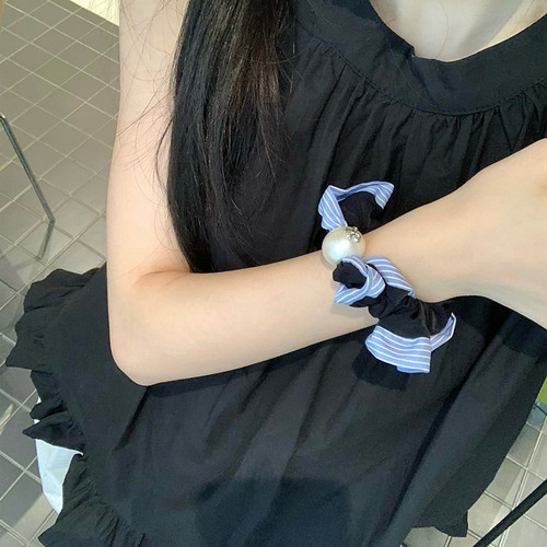 智系女友！蓝条纹花边珍珠小肠圈发绳精致蝴蝶结发圈头绳扎发皮筋 - 图2