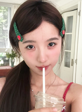 复古森系草莓纽扣发夹绿色波点BB夹刘海夹发卡侧边夹子韩系掰掰夹
