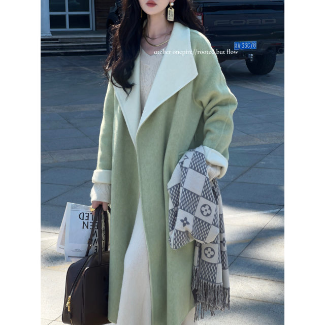 Onepire Atelier|抹茶芙芙·重磅双色羊毛翻领百搭长款双面呢大衣
