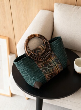 民族风复古藤编托特包收纳摆件