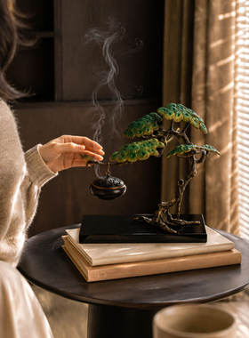 中式金属手绘松树香炉桌面摆件