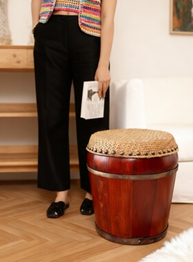 复古竹藤编织木质圆形客厅摆件