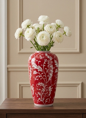 新中式红色陶瓷花瓶客厅摆件