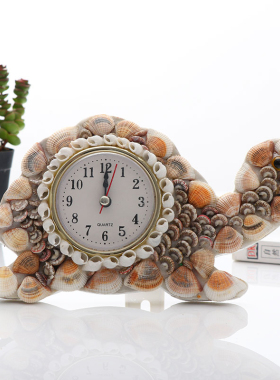 天然贝壳钟表心形地中海风摆件