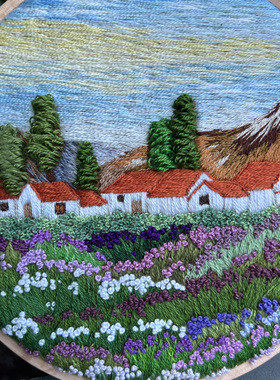 夏日紫色花海村屋立体树纯手工刺绣风景画挂画客厅卧室装饰画