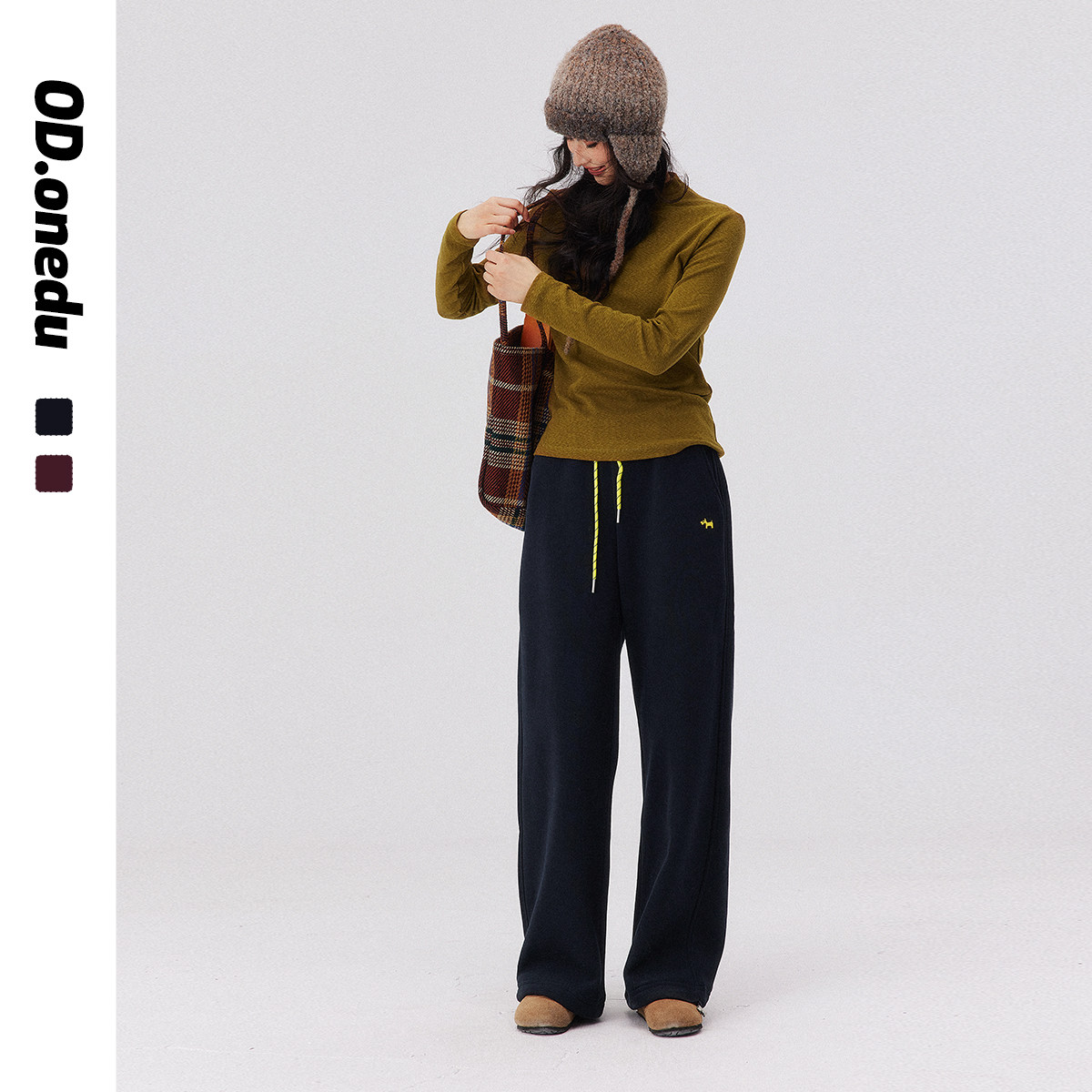 ODonedu宽松直筒裤子女2025秋冬高腰加绒刺绣休闲藏青色运动卫裤,淘宝优惠券,粉丝福利购,淘宝优惠卷