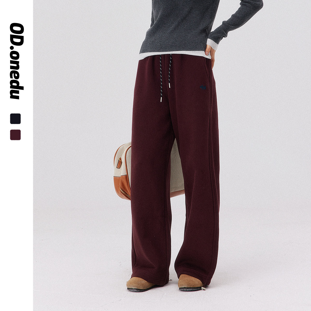 ODonedu宽松直筒裤子女2025秋冬高腰加绒刺绣休闲藏青色运动卫裤,淘宝优惠券,粉丝福利购,淘宝优惠卷