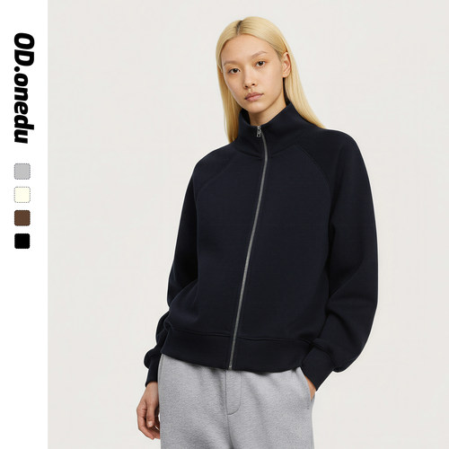 ODonedu简约风立领拉链卫衣外套女宽松休闲百搭棒球服运动上衣潮 - 图0