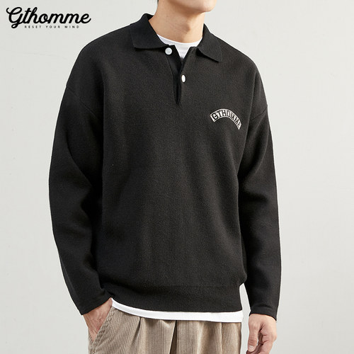 GThomme秋冬新款毛衣针织衫宽松休闲套头翻领韩版外套polo衫线衫 - 图0