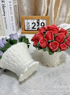 陶瓷手工玫瑰花球摆件永生花不凋零家居卧室桌面