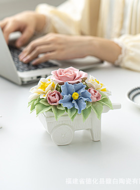手工非遗陶瓷百合玫瑰仿真花手捧花蓝家居摆件永生花餐桌装饰礼品