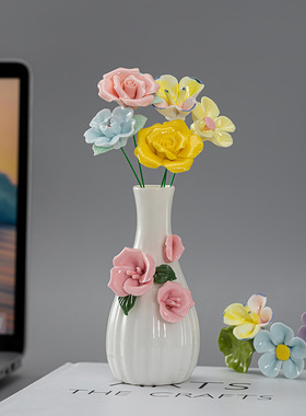 陶瓷纯手工手捏花仿真花带花瓶家居摆件桌面装饰创意礼品