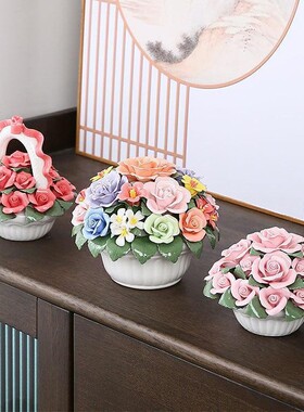 手捏陶瓷玫瑰花花球花篮摆件非遗手艺家居送礼办公室客厅手工摆饰