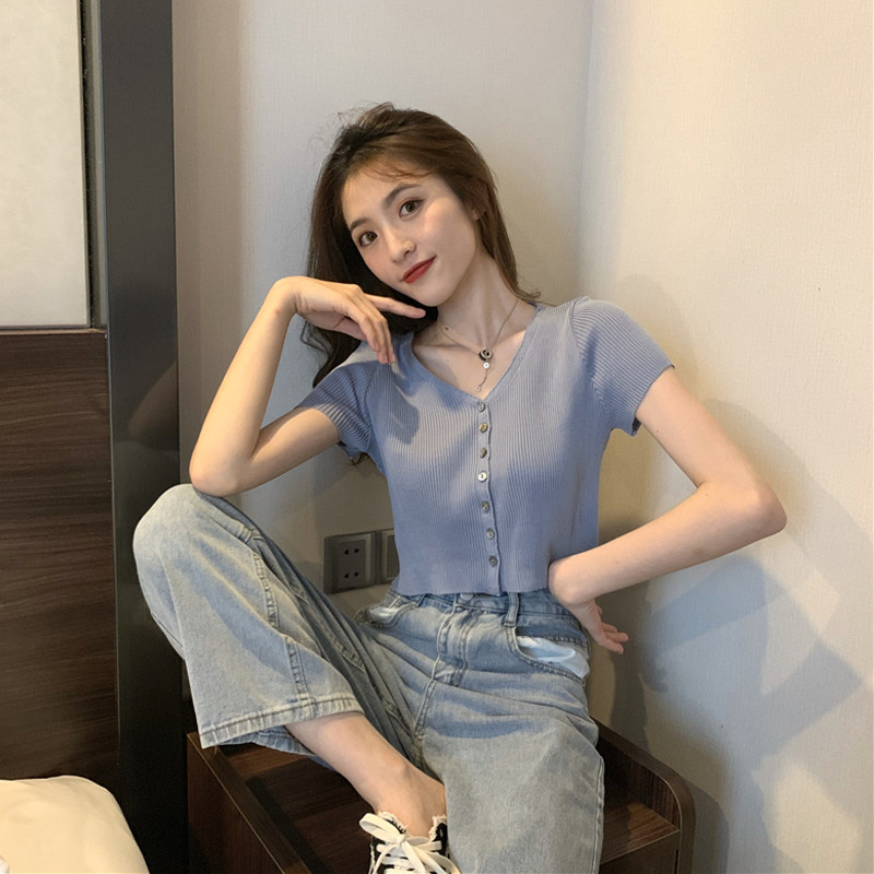 春夏韩版复古v领单排扣短袖潮t恤 芯蒂好毛针织衫