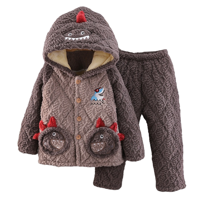 冬季儿童法兰绒睡衣男童珊瑚绒三层夹棉加厚女童中大童家居服套装 - 图3