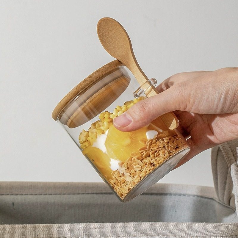 圆形玻璃密封储物罐隔夜燕麦杯耐高温带勺五谷杂粮咖啡豆收纳瓶子,淘宝优惠券,粉丝福利购,淘宝优惠卷
