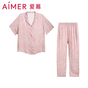 爱慕睡衣女士家居服夏季可外穿翻领印花通码短袖长裤套装AM468401