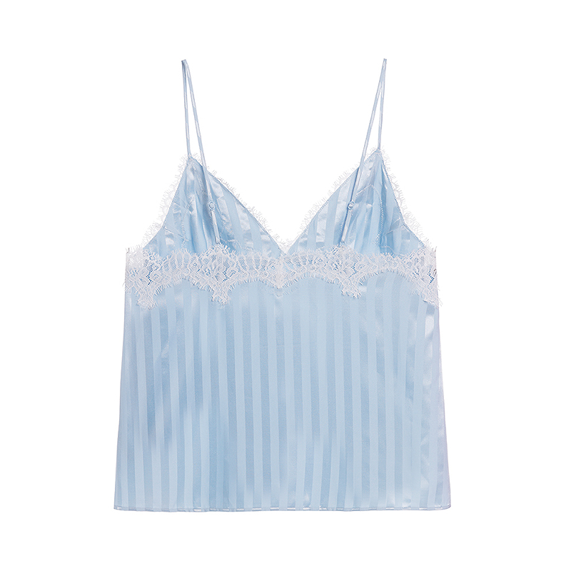 爱慕25夏织锦睡衣女蕾丝条纹细肩带舒适吊带上衣AM41C321 - 图1