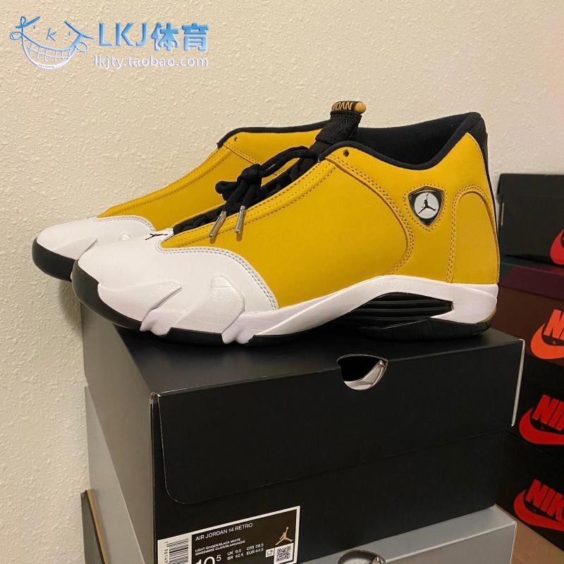 LKJ体育 Air Jordan 14 AJ14 黑白黄 姜黄 复古篮球鞋 487471-701 - 图1