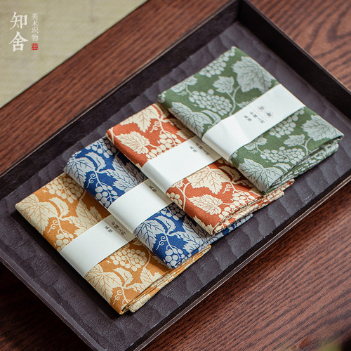 知舍原创葡萄纹全棉茶巾手帕 茶道茶配手工布艺中国色传纹样4色入 - 图2