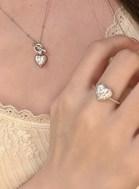 中古拉丝爱心闪钻戒指食指戒