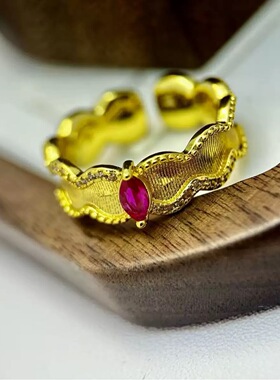 复古红宝石闪钻手工拉丝戒指