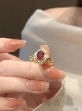 复古椭圆红宝戒指高级感独特小众