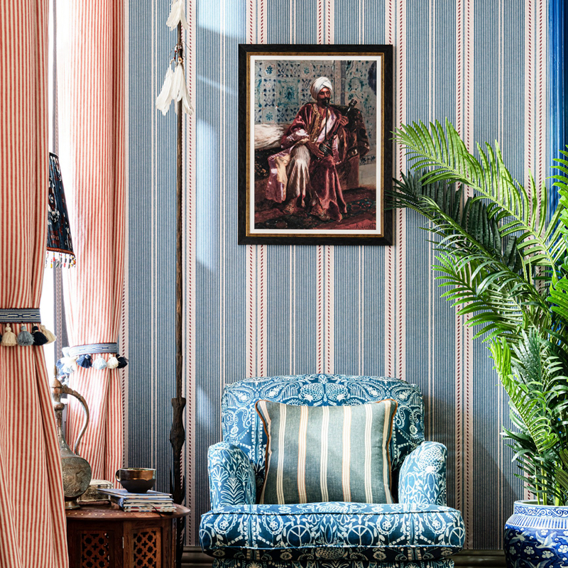美国进口壁纸 BERBER STRIPES Blue Wallpaper 条纹 无纺布 墙纸 - 图0