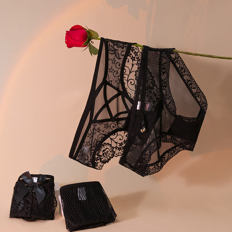 4条黑色透明内裤女蕾丝低腰性感纯欲无痕镂空火辣棉档舒适三角裤,淘宝优惠券,粉丝福利购,淘宝优惠卷