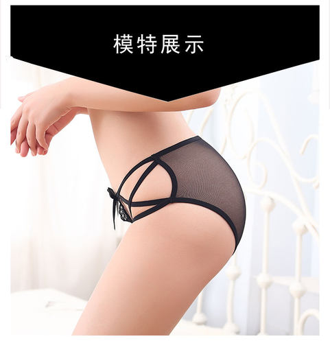 4条装 性感黑色内裤女蕾丝透明低腰镂空薄款透气棉裆大码女三角裤 - 图2