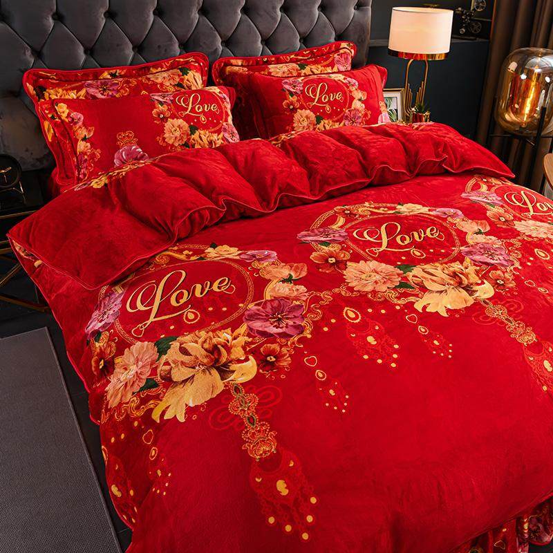 冬季红色牛奶绒四件套珊瑚绒被套床单加绒加厚双面绒法兰绒防静电,淘宝优惠券,粉丝福利购,淘宝优惠卷
