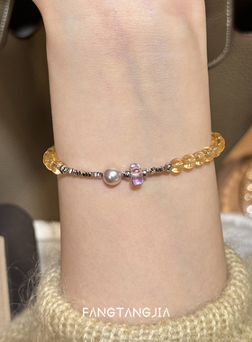 方糖家天然黄水晶碎银子珍珠手链