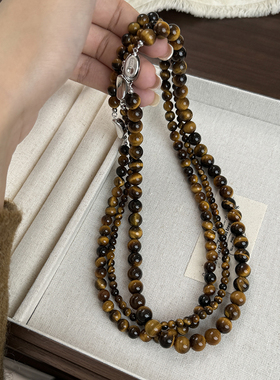 方糖家纯银虎眼石串珠元宝扣项链