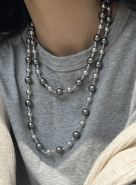 倪妮大溪地深灰色混彩珍珠项链女