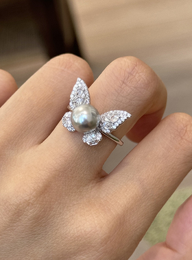 方糖家纯银珍珠满钻蝴蝶戒指