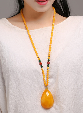 鸡油黄蜜蜡水滴吊坠项链男女同款正品天然原石琥珀老蜡毛衣链挂件