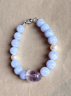 福利漏价 天然蓝纹玛瑙淡水珍珠简约韩版女手链手串8mm磁吸式