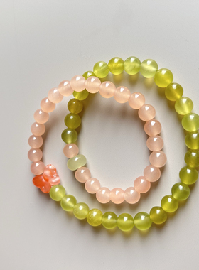 【春意阑珊】青粉岫玉冰飘南红双圈手串 珠径6 +