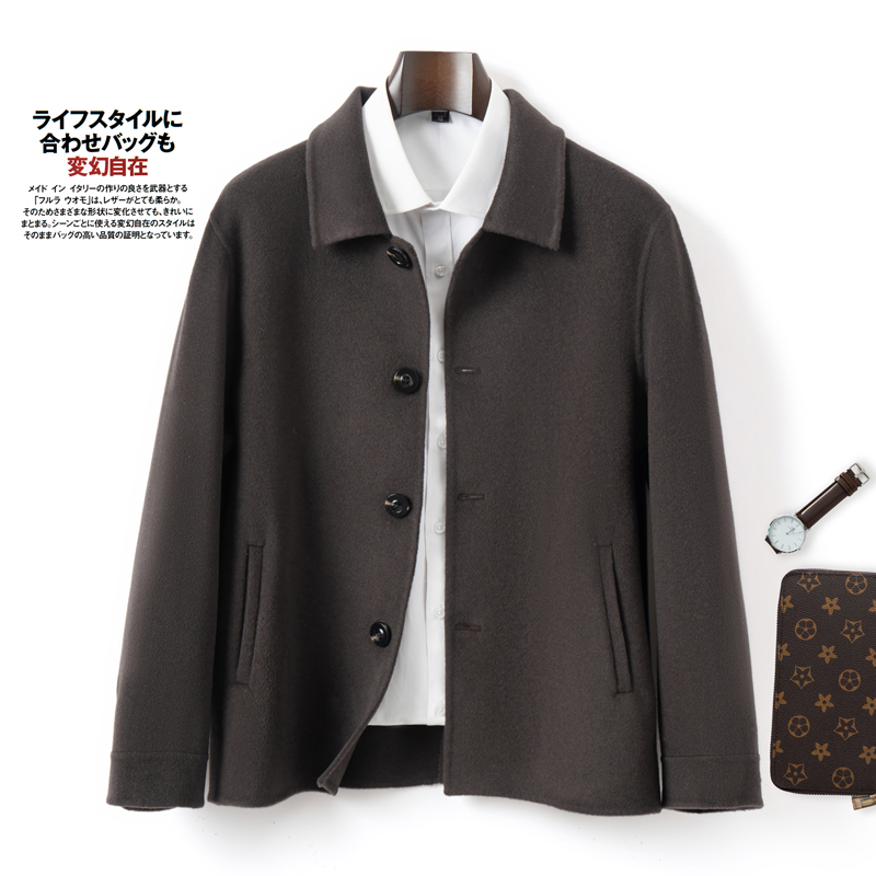 秋冬新款双面翻领行政夹克大衣男短款100%羊毛呢子休闲外套净色 - 图0