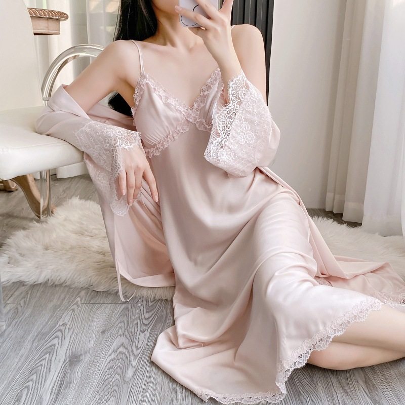 2025新款冰丝纯色花边女夏季性感吊带睡裙家居服睡袍两件套带胸垫,淘宝优惠券,粉丝福利购,淘宝优惠卷