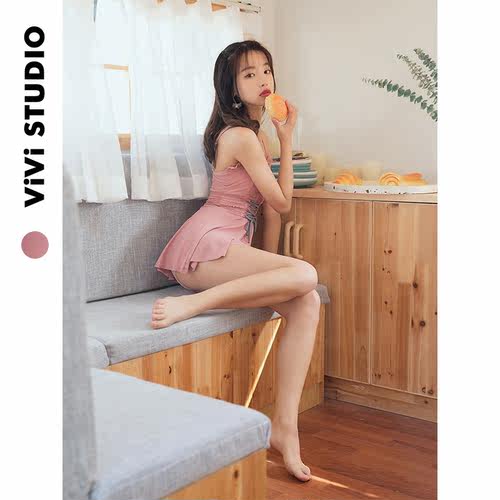 [viviStudio24ss]日系少女可爱粉色泳衣四角裤防走光海边裙式泳装 - 图0