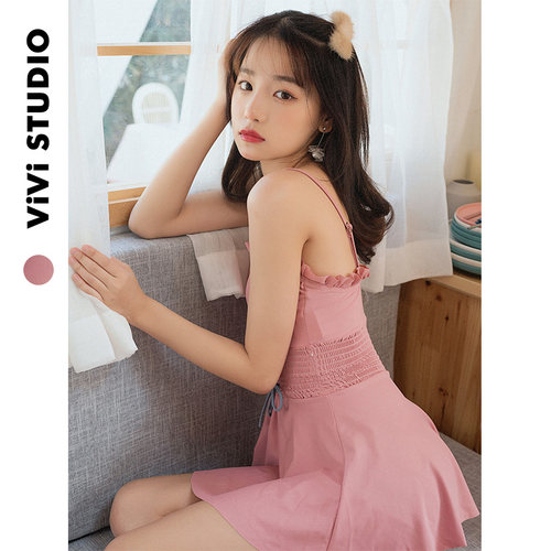 [viviStudio24ss]日系少女可爱粉色泳衣四角裤防走光海边裙式泳装 - 图1