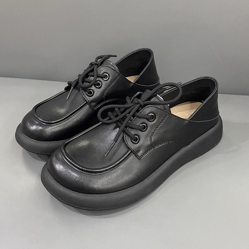 断码清仓捡漏~可踩脚女平底系带小皮鞋英伦风真皮软底大头乐福鞋 - 图0