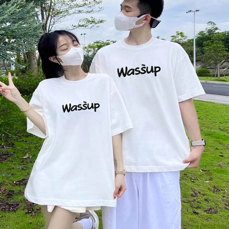 WASSUP潮牌美式休闲情侣款男女秋冬季重磅短袖t恤纯棉加绒打底衫