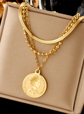 欧美跨境时尚复古镀金双层叠戴多元素吊坠蝴蝶珍珠人像圆牌项链
