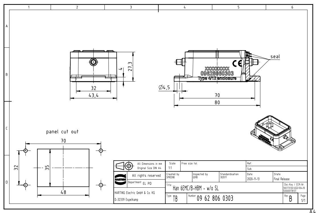 Harting 09628060303 浩亭H6B EMC屏蔽下壳 - 图1