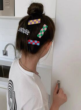 现货复古棋盘格发夹甜美创意侧边夹简约气质学生碎发夹女